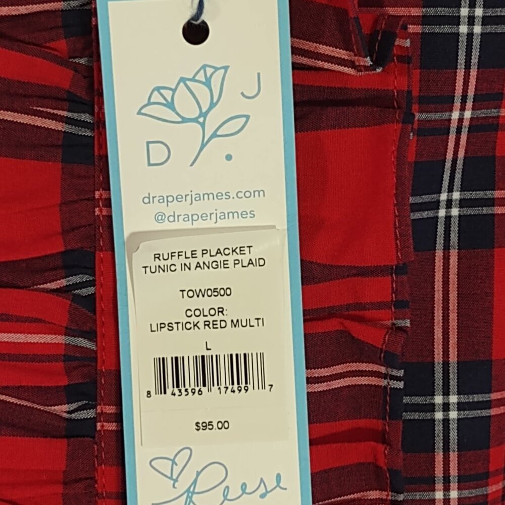 NWT Draper James Red Plaid Blouse Tunic 3/4 Bell Sleeve Ruffle Women's Large - Picture 9 of 11